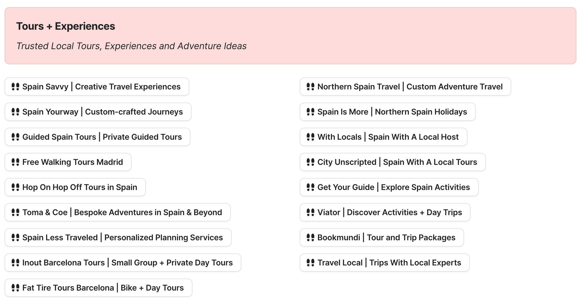 Tours + Experiences in Spain Preview of tours and experiences in Spain section in Spain Travel Research by Feral Travel