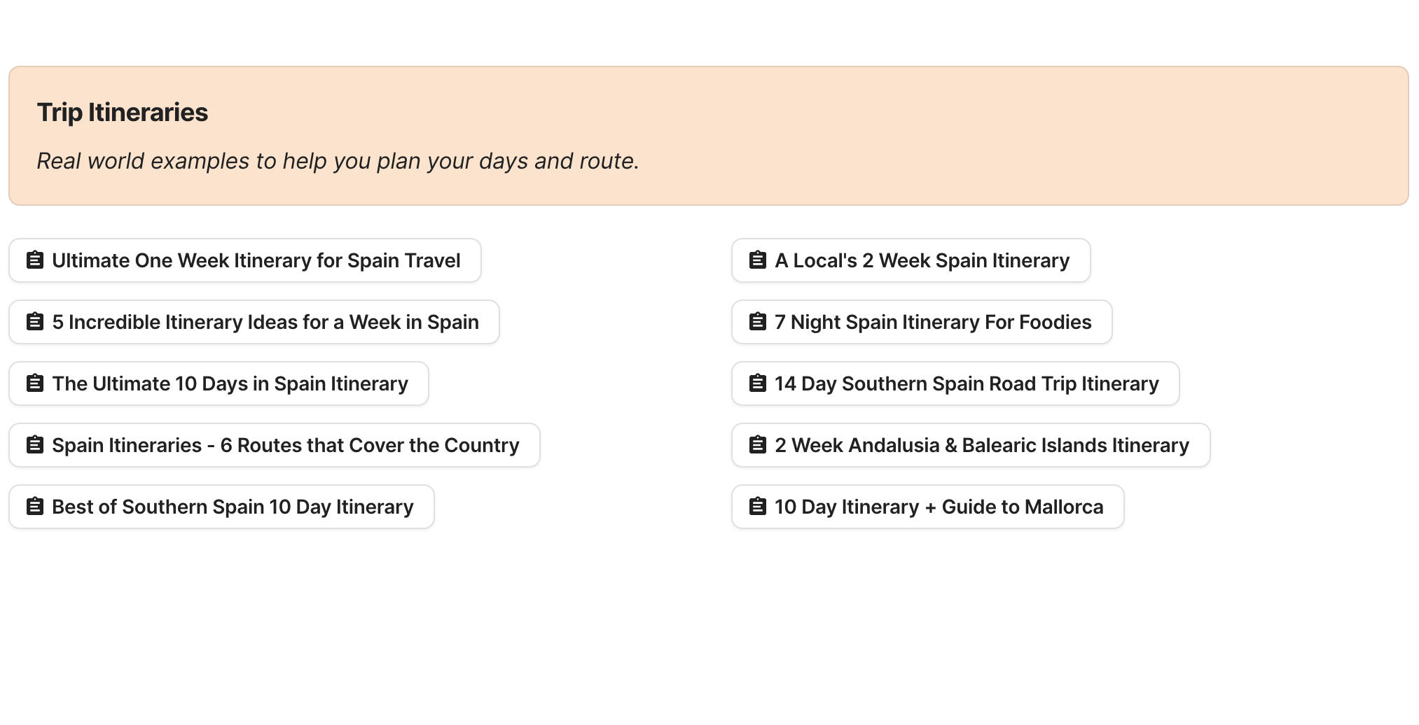 Spain Trip Itineraries Preview of Spain Trip Itineraries section in Spain Travel Research by Feral Travel