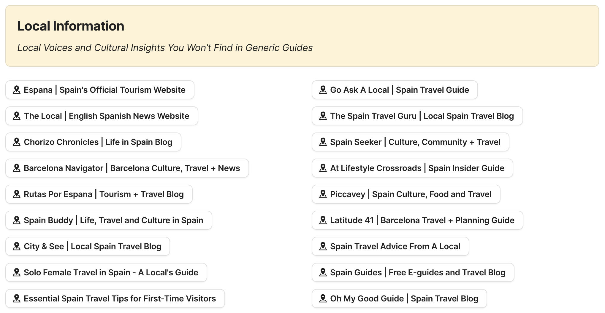Local Information Preview of local information section in Spain Travel Research by Feral Travel